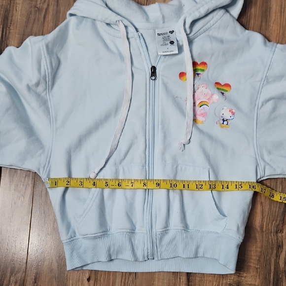 Sanrio Hello Kitty & Care Bear Light Blue Hoodie with Rainbow Accents Small - Picture 10 of 12
